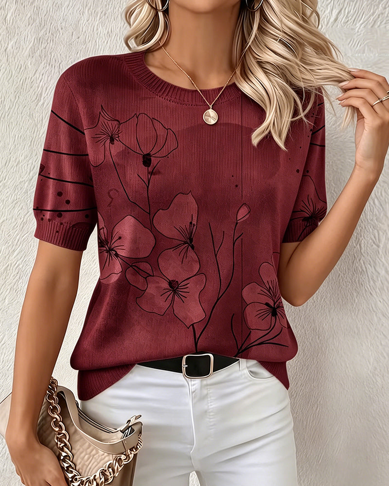 Svea - Printed Short Sleeve Crew Neck Sweater