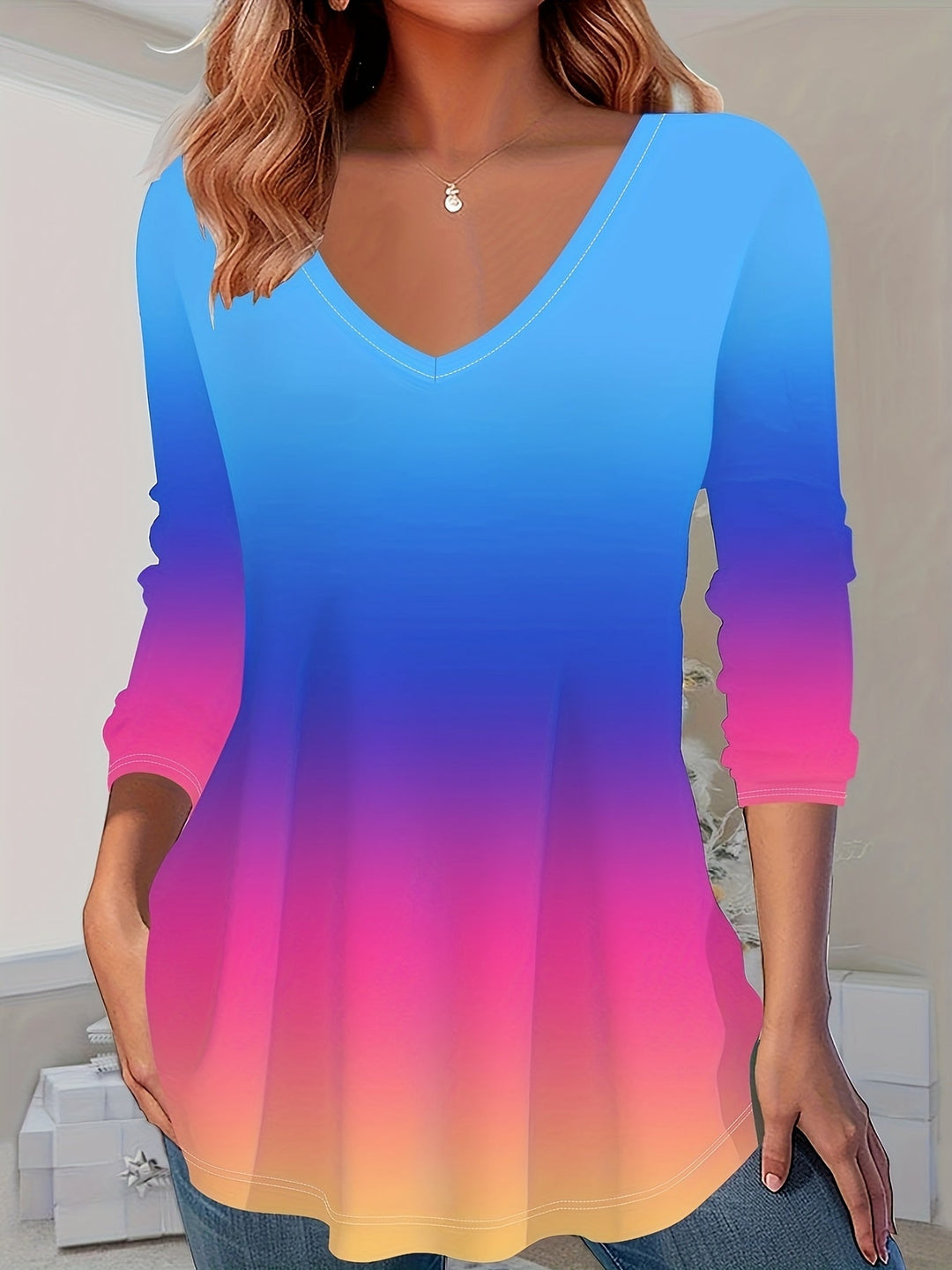 Geneieys  - V-Neck Gradient Color Pattern Long Sleeve T-Shirt