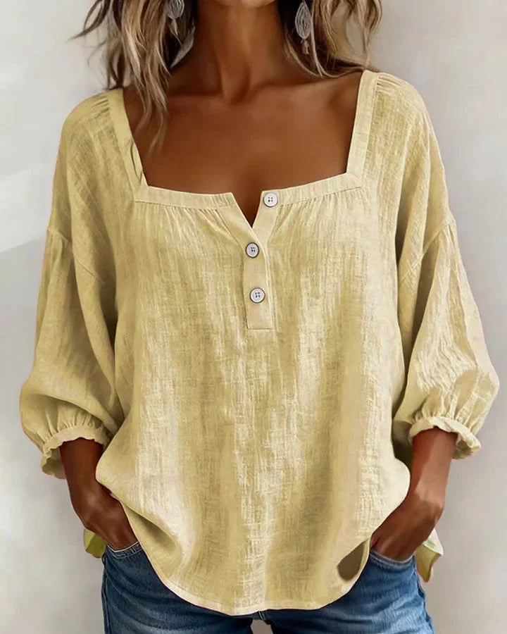 Leontien - Square Neck Long Sleeve Cotton Blouse