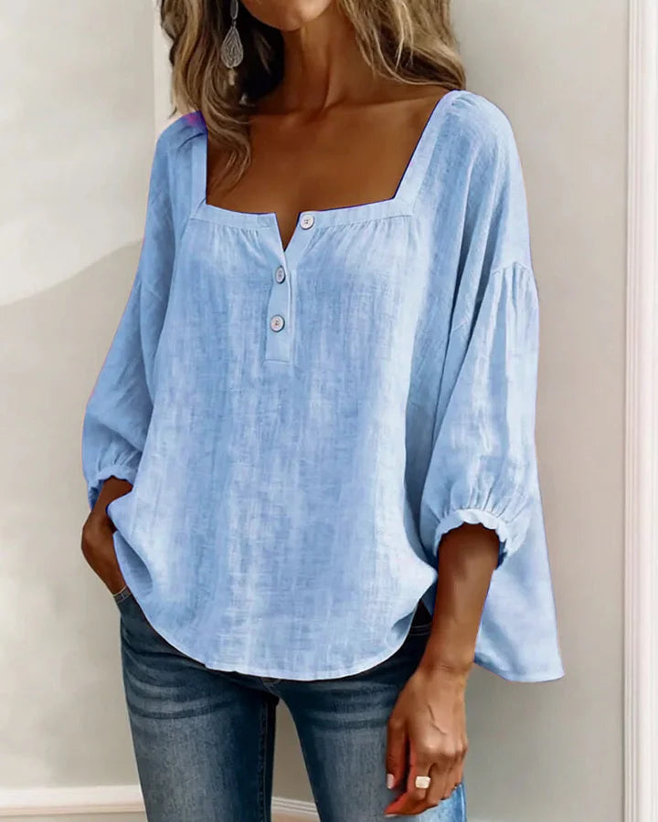 Leontien - Square Neck Long Sleeve Cotton Blouse