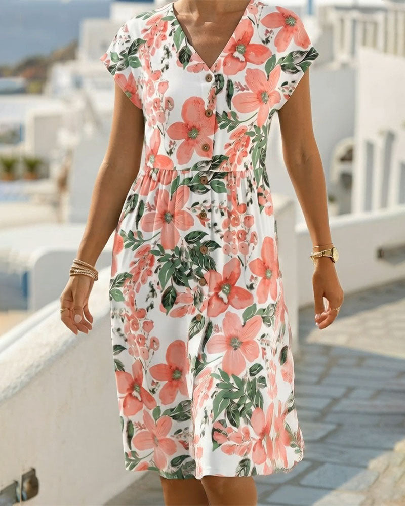 Sinera - Floral Print Dress With Short Sleeves