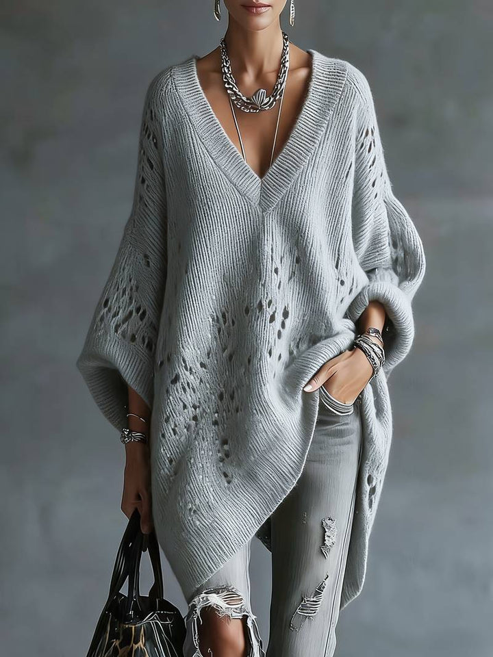 Bimashi - Long Sleeve Loose Sweater With V-Neck