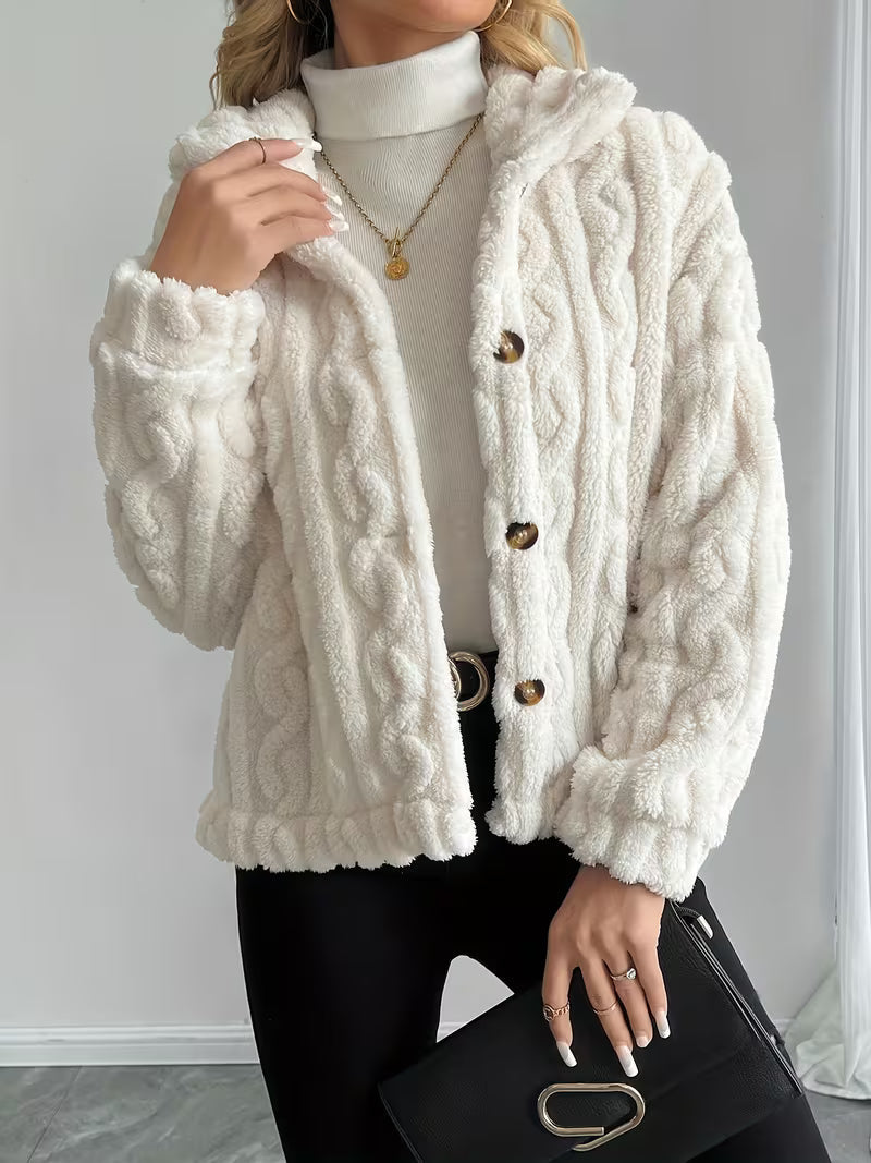 Rosaella - Cable Textured Fuzzy Teddy Jacket