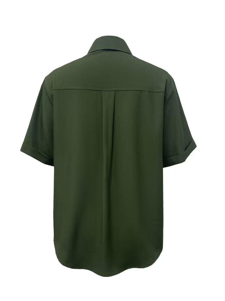 Ornilla - Lapel Short Sleeve Loose Shirt With Pocket