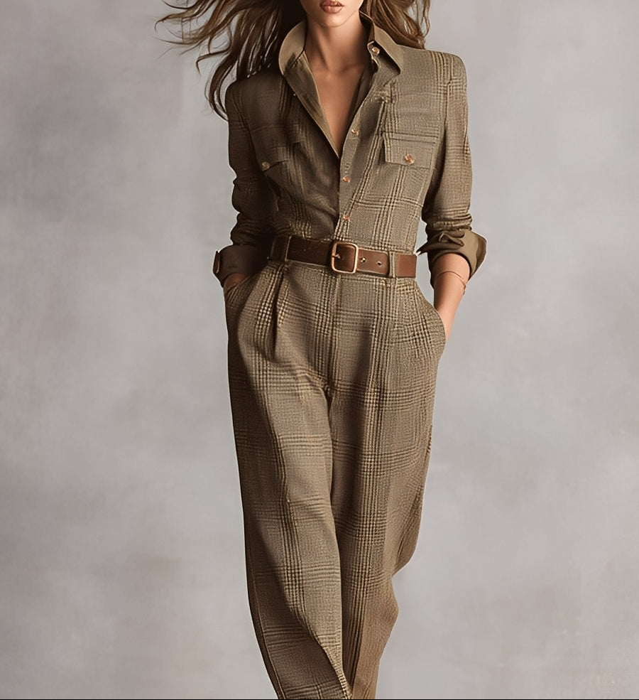 Florisa - Belted Check Jumpsuit With Shirt Collar