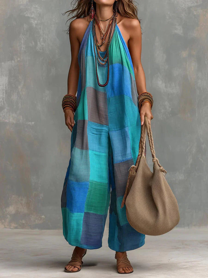 Meriny - Patchwork Halter Neck Jumpsuit With Wide Leg