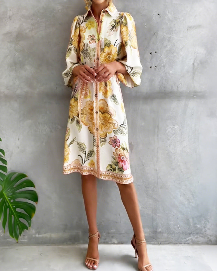 Nylera - Lantern Sleeve Dress With Notched Collar