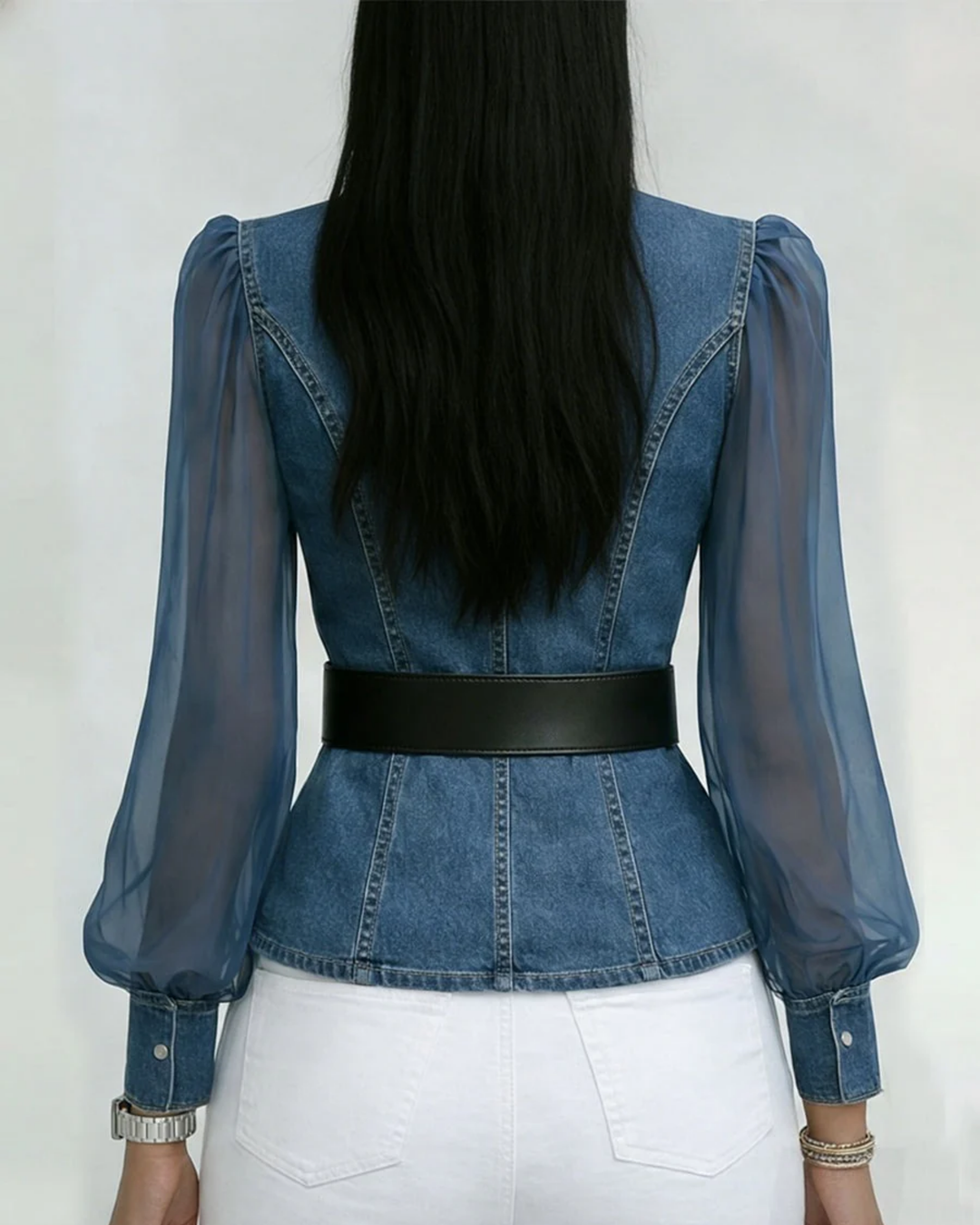 Vessa - Denim Top With Chiffon Sleeves