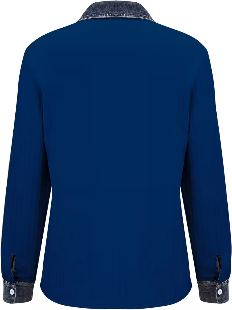 Isolaruya - Long Sleeve Cable Knit Shirt with Denim Collar