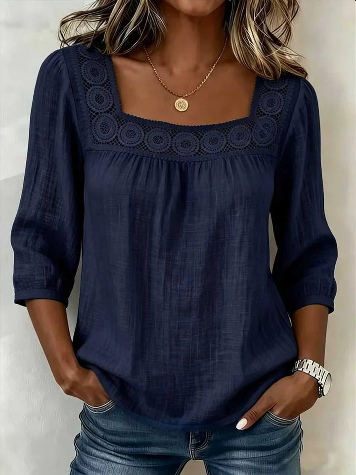 Nozomi - Square Neck Lace Patchwork Blouse