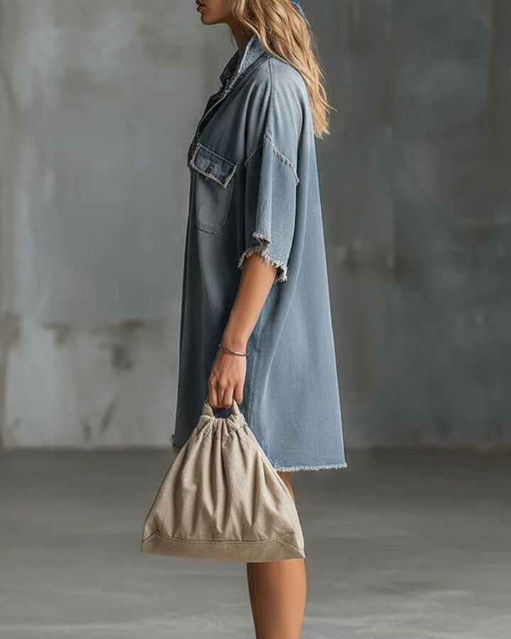 Sinitta - Casual Denim Dress With Lapel Collar