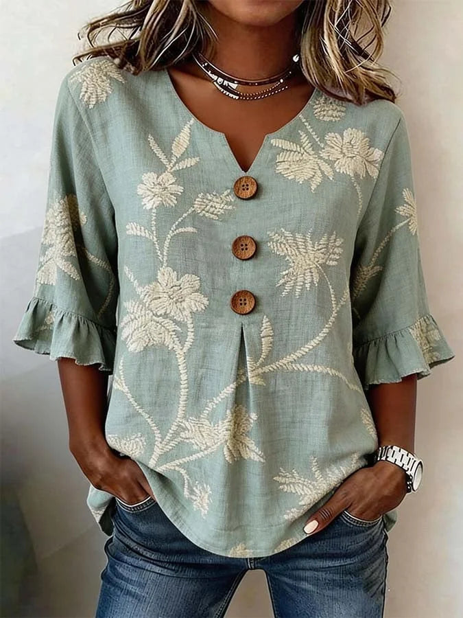 Bisila - Floral Ebroidered Shirt With Ruffle Sleeves
