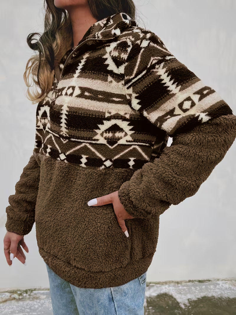 Florira - Geo Pattern Half-Zip Teddy Sweatshirt