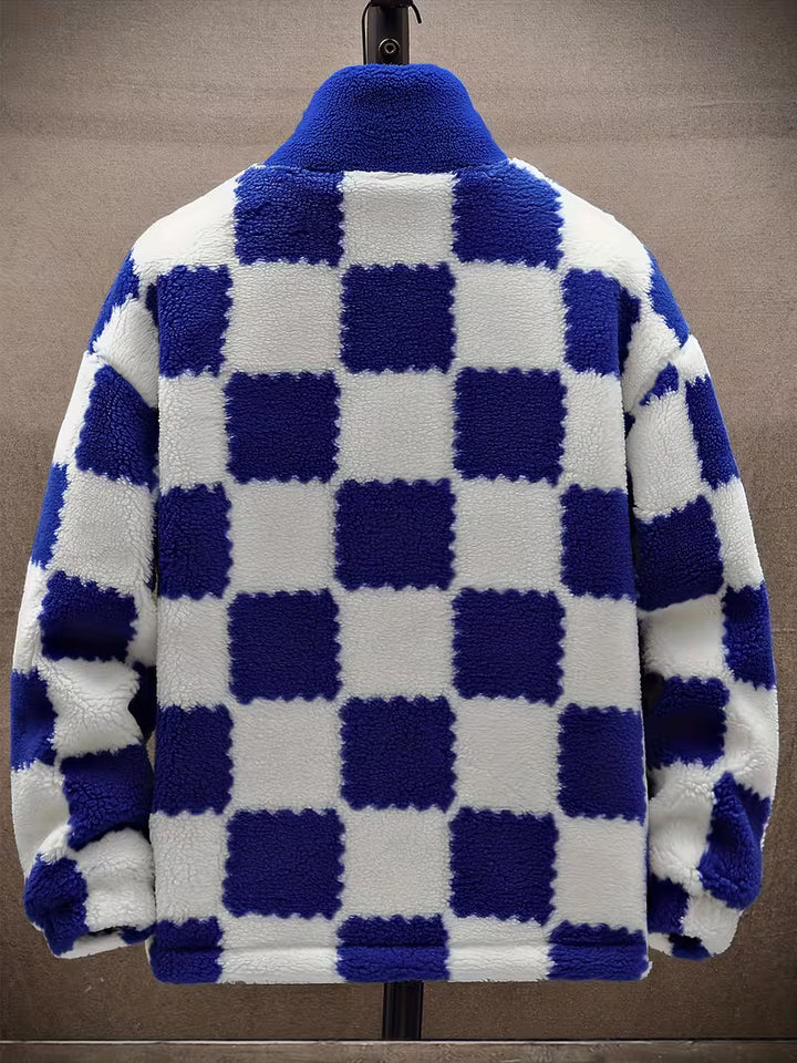 Opheeaa - Hooded Zip Up Checkered Fleece Jacket