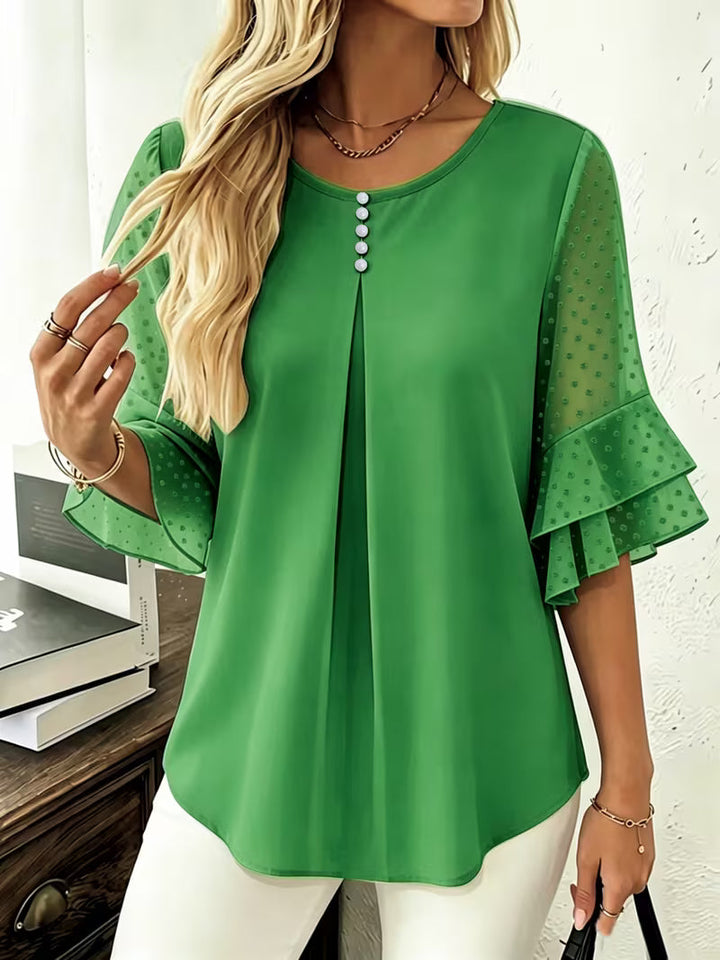 Hurley - Round Neck Blouse With Sheer Ruffle Sleeves