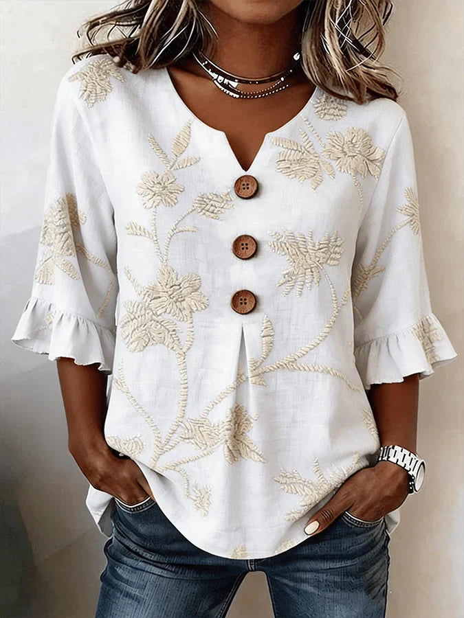 Bisila - Floral Ebroidered Shirt With Ruffle Sleeves