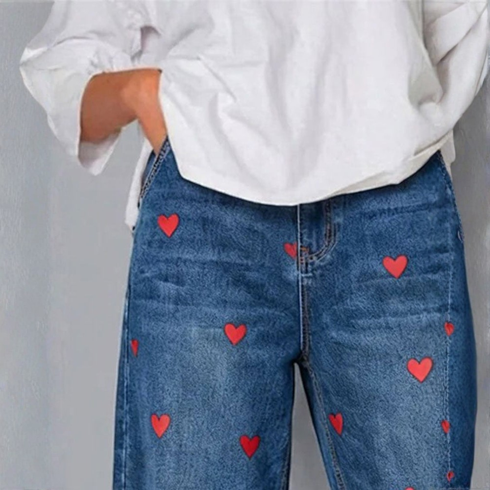 Raemaa - Ankle Length Denim Trousers With Heart Print