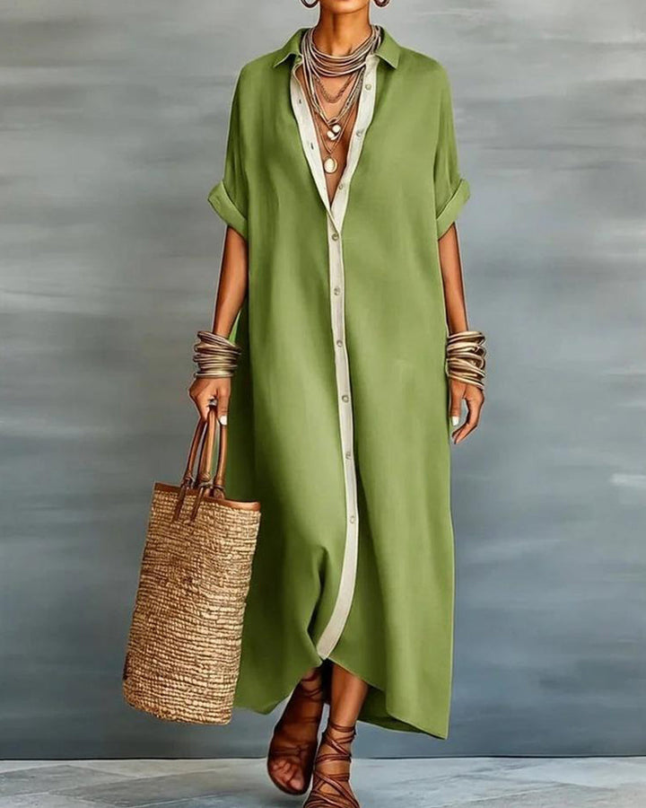 Nerena - Elegant Draped Notched Collar Shirt Dress