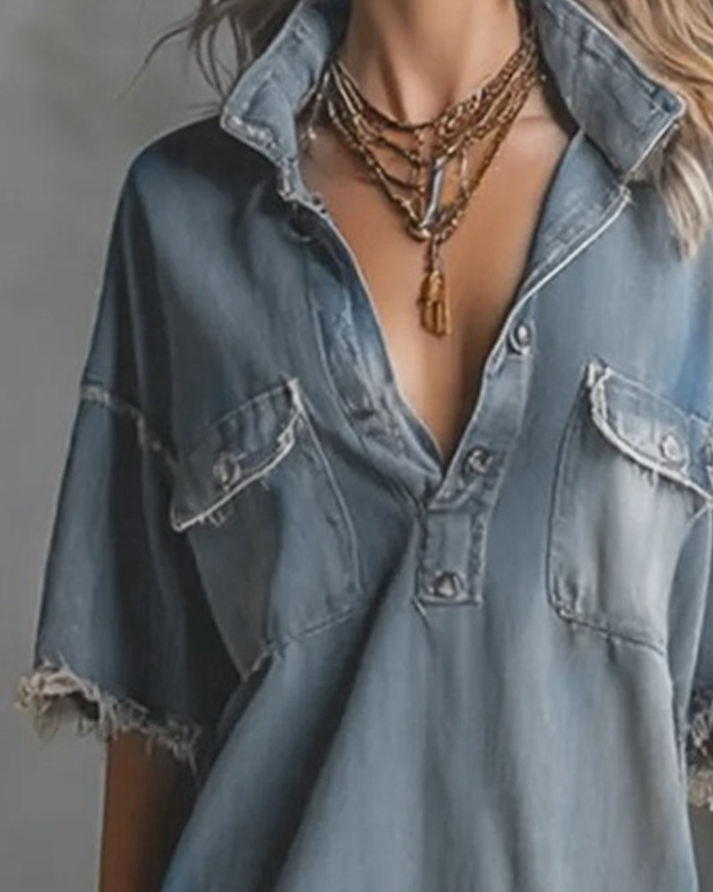 Sinitta - Casual Denim Dress With Lapel Collar