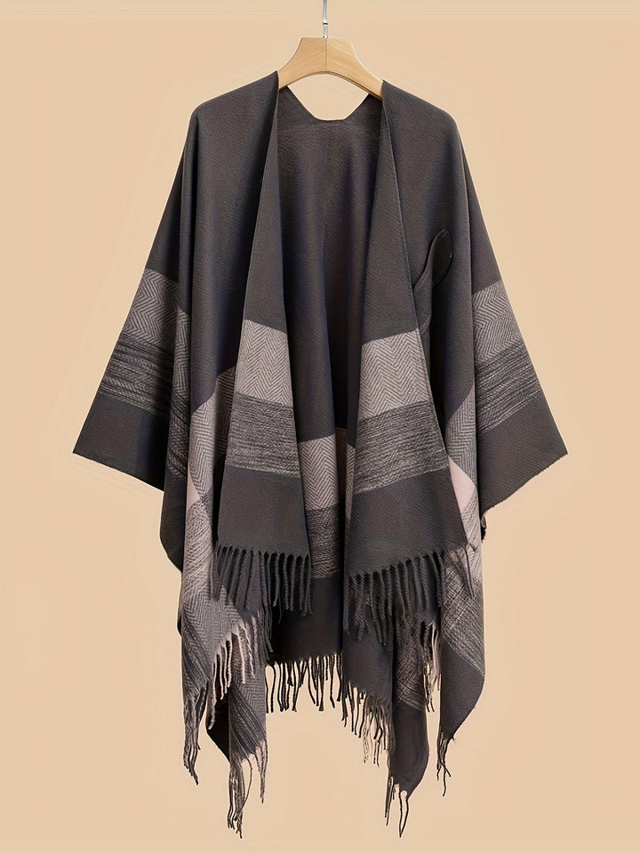 Lirelle - Geometric Pattern Fringed Poncho Shawl Wrap