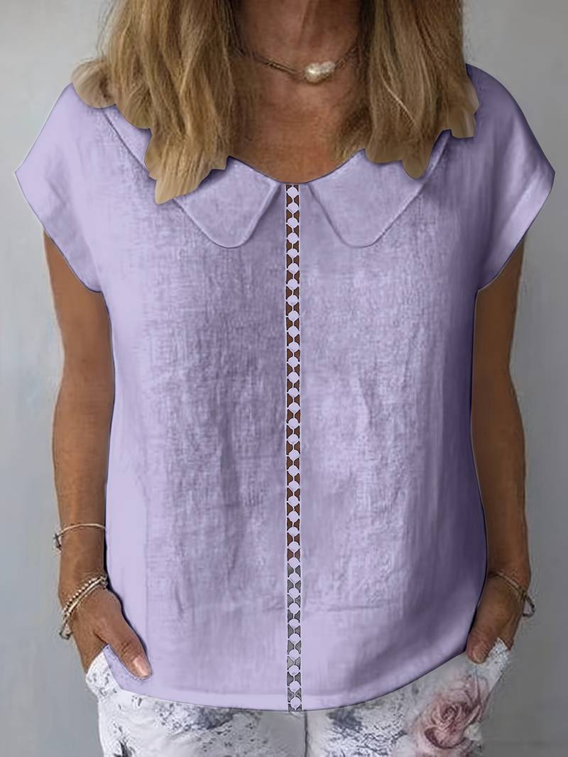 Krischelle - Lapel Lace Splicing Short Sleeve Sweater