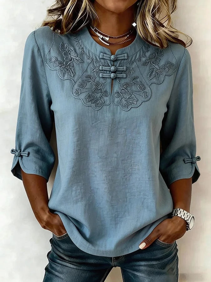 Nozilia - Cotton And Linen Floral Print Top