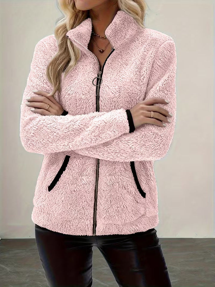 Esmeetta - Fuzzy Long Sleeve Zip-Up Jacket