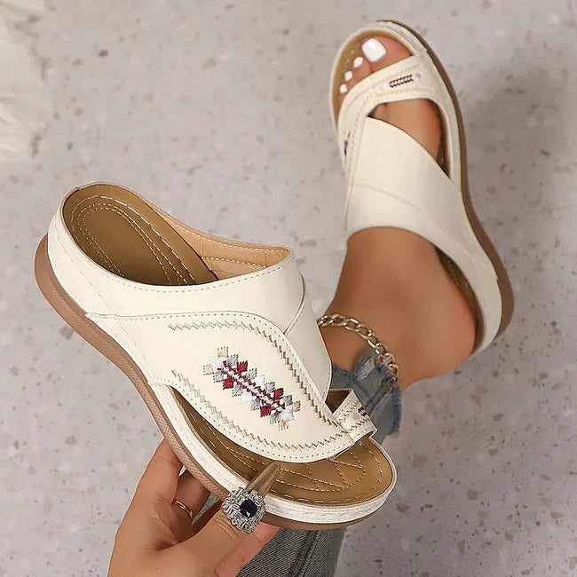 Jacky - Embroidered Toe Loop Wedge Sandals