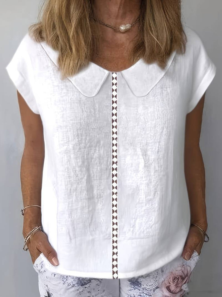 Krischelle - Lapel Lace Splicing Short Sleeve Sweater