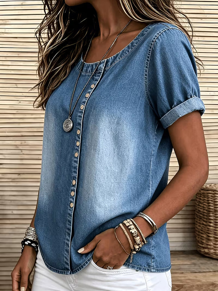 Ferina - Distressed Short Sleeve Denim Top
