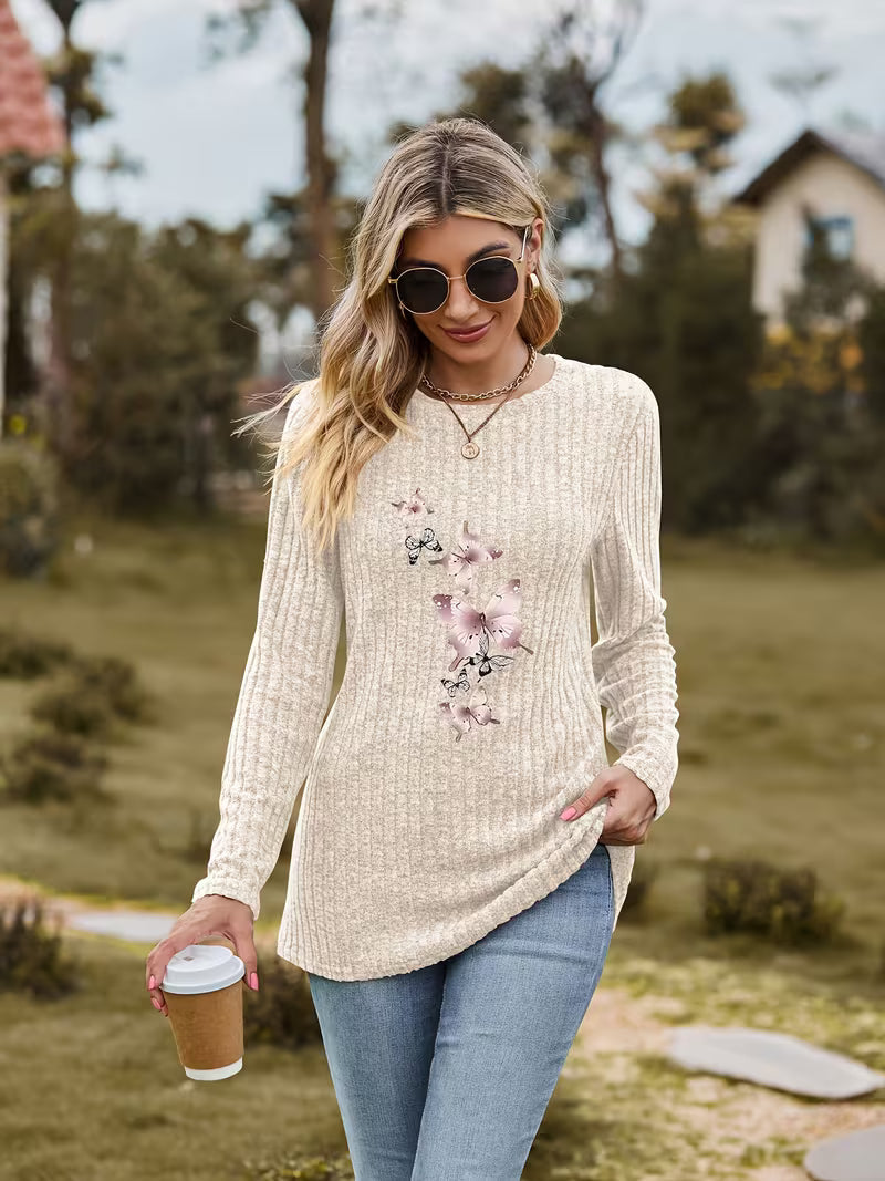 Loraenea - Butterfly Print Ribbed Top
