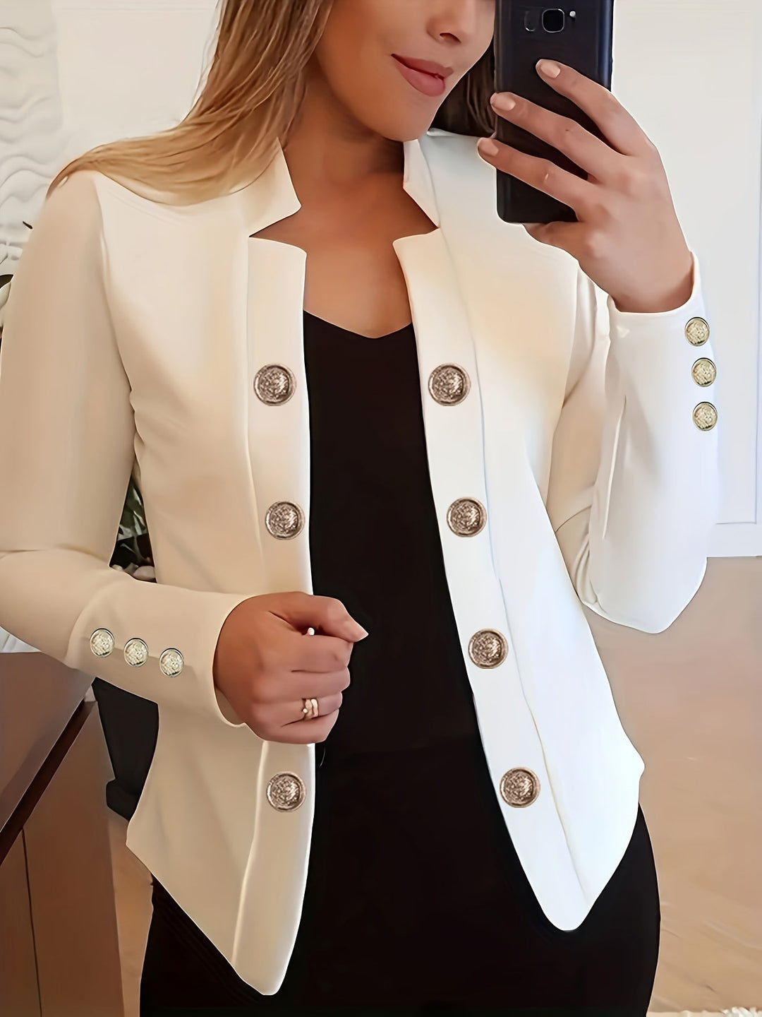 Neriuva - Front Double Breasted Cuff Long Sleeve Blazer