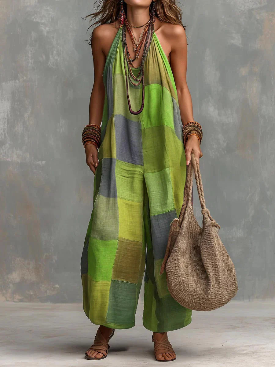 Meriny - Patchwork Halter Neck Jumpsuit With Wide Leg