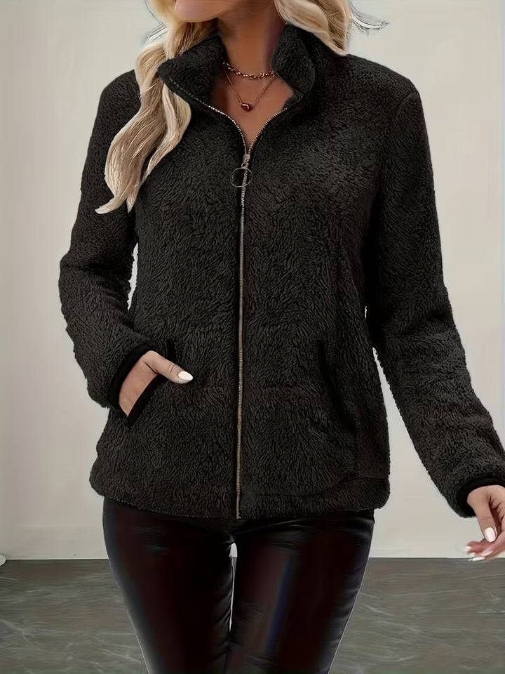 Esmeetta - Fuzzy Long Sleeve Zip-Up Jacket