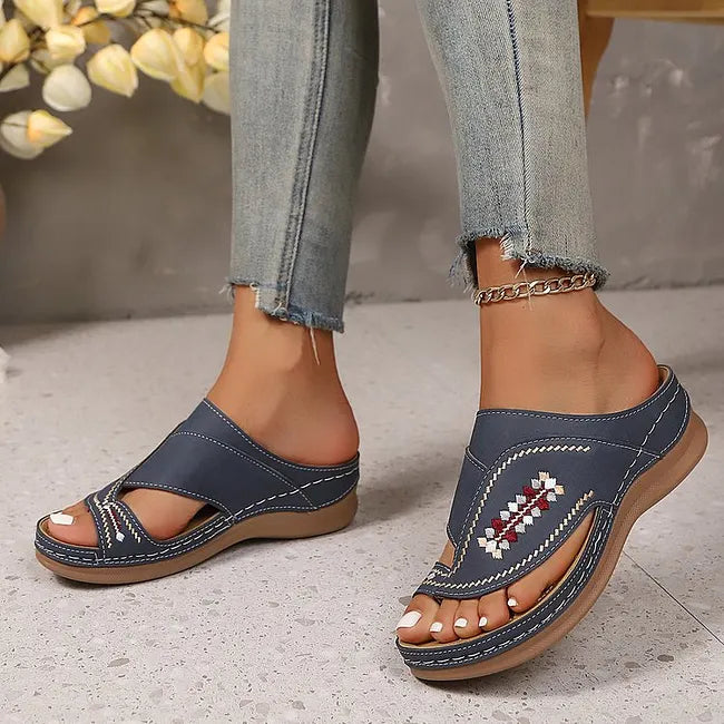 Jacky - Embroidered Toe Loop Wedge Sandals