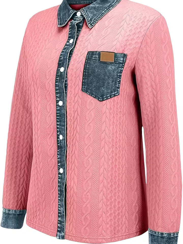 Isolaruya - Long Sleeve Cable Knit Shirt with Denim Collar
