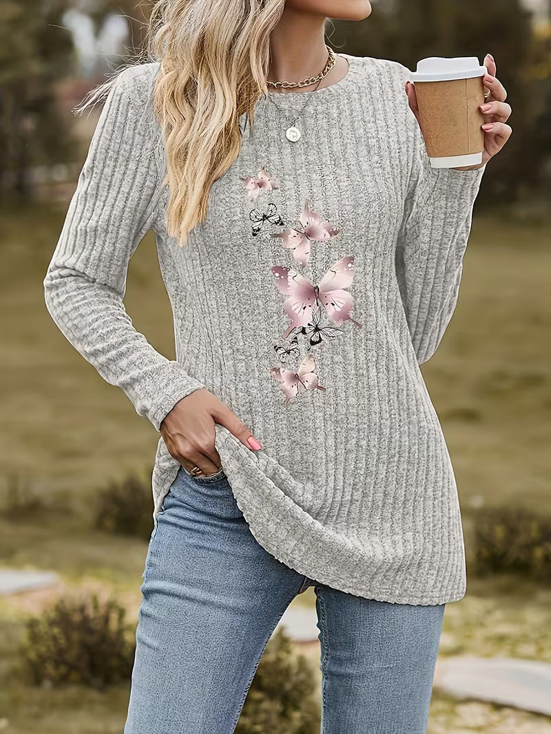 Loraenea - Butterfly Print Ribbed Top