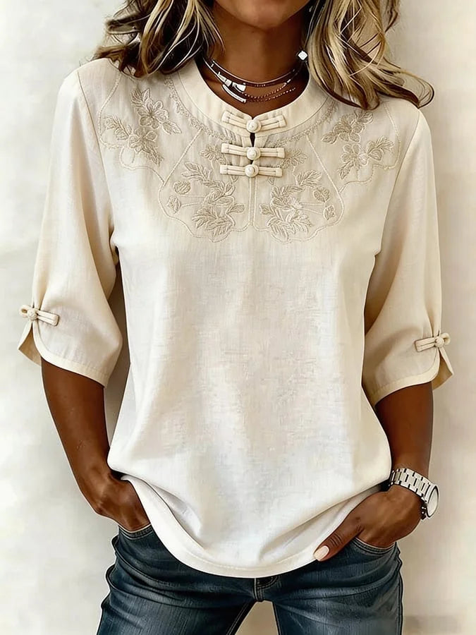 Nozilia - Cotton And Linen Floral Print Top
