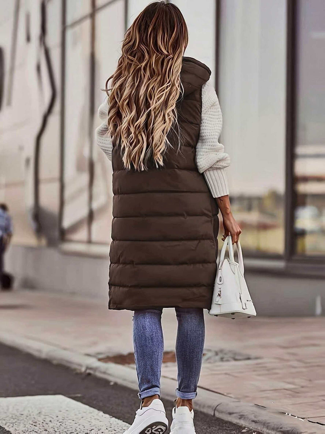 Althorida - Long Hooded Puffer Vest With Pockets