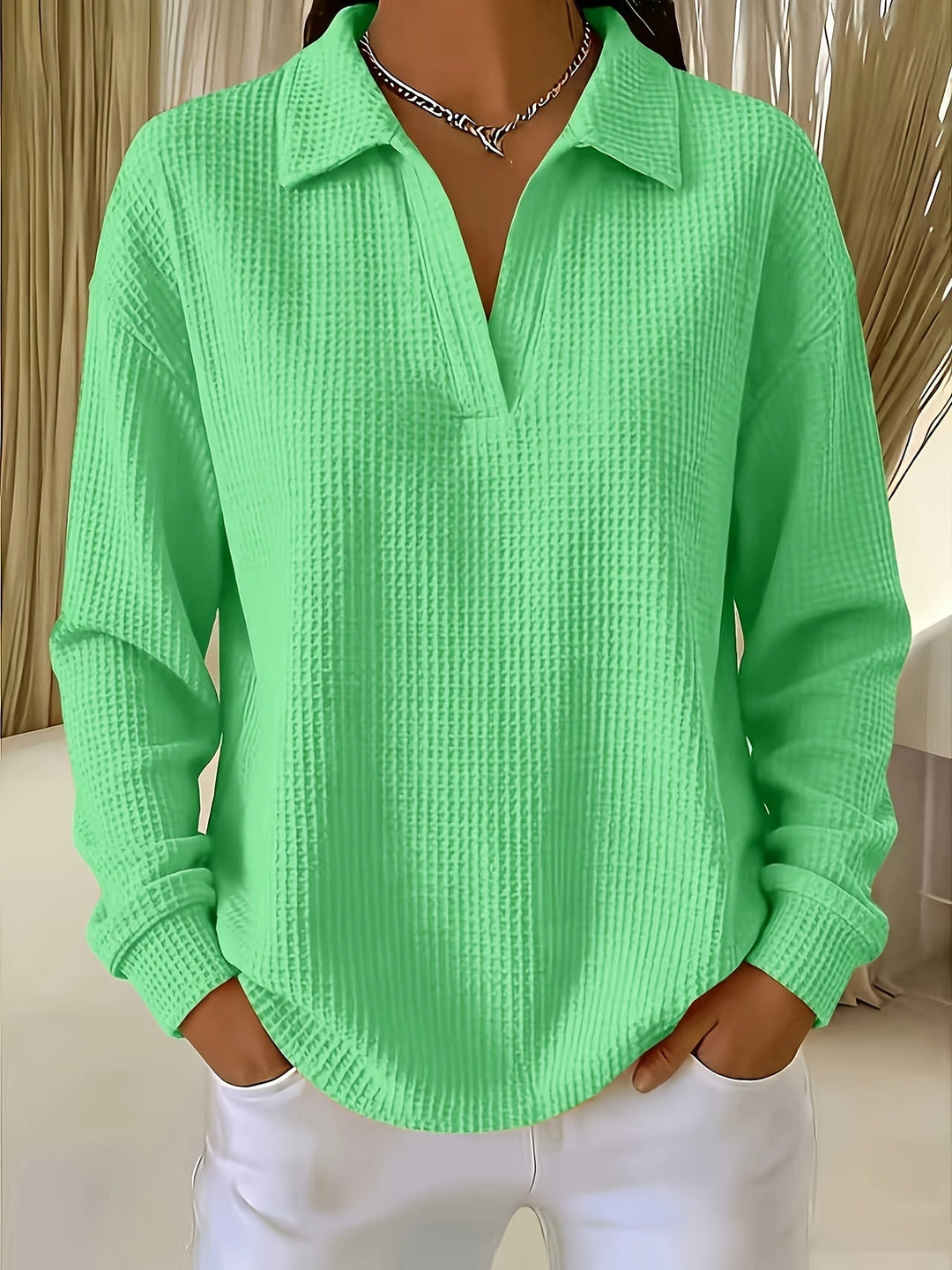 Imogelura - Elegant Waffle Polo Collar Shirt