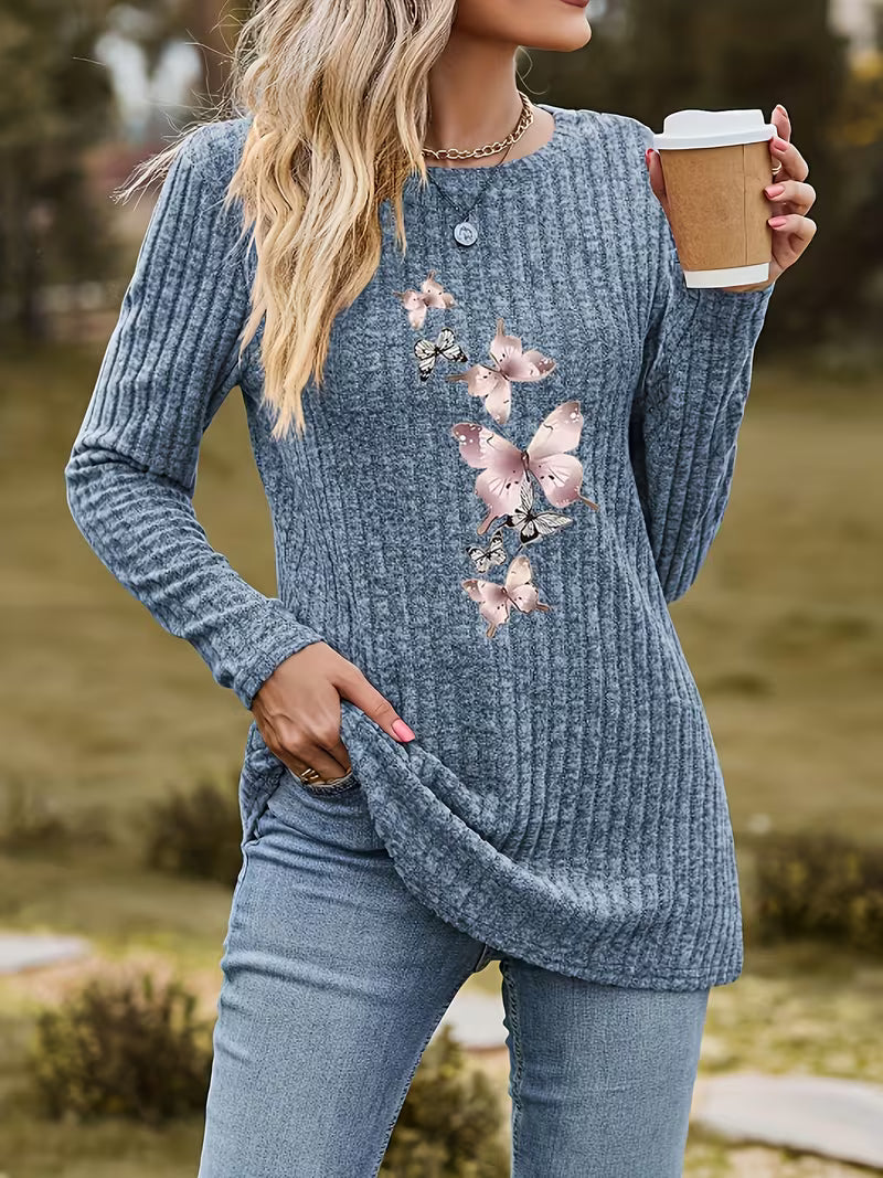 Loraenea - Butterfly Print Ribbed Top