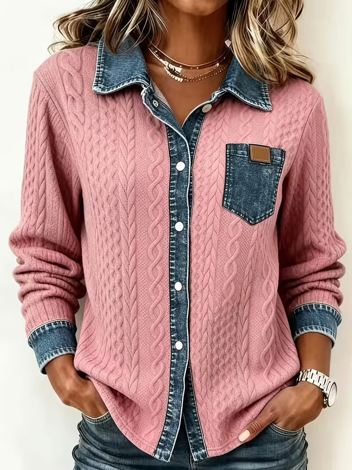 Isolaruya - Long Sleeve Cable Knit Shirt with Denim Collar