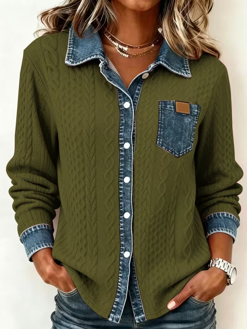 Isolaruya - Long Sleeve Cable Knit Shirt with Denim Collar