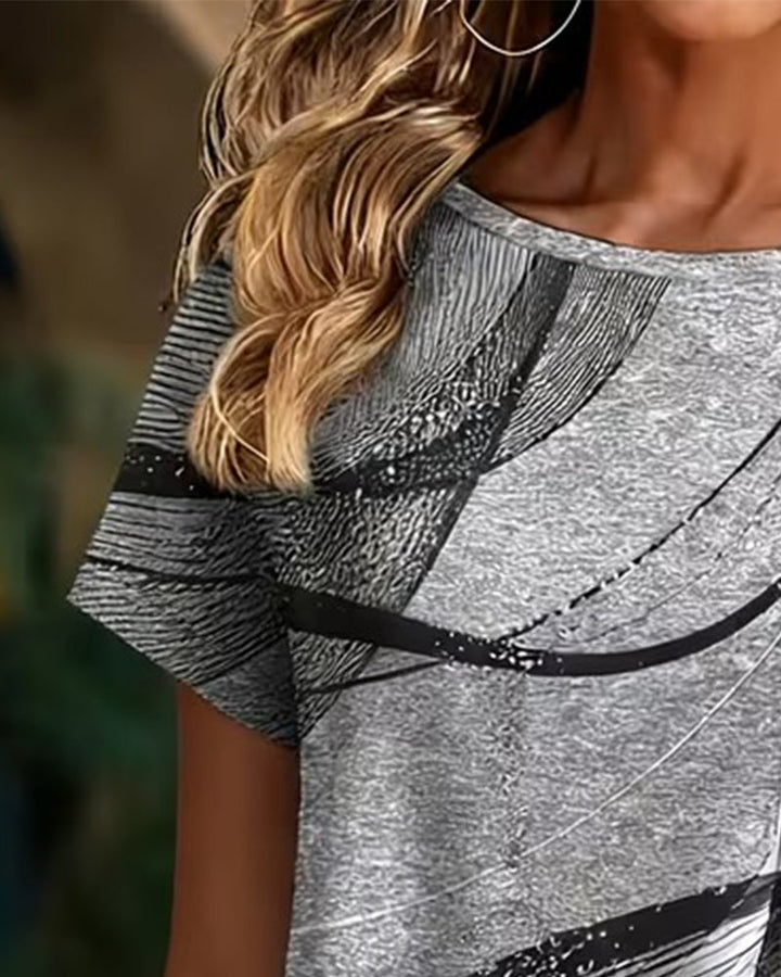 Zoniya - Asymmetrical Hem Printed Short Sleeve Top