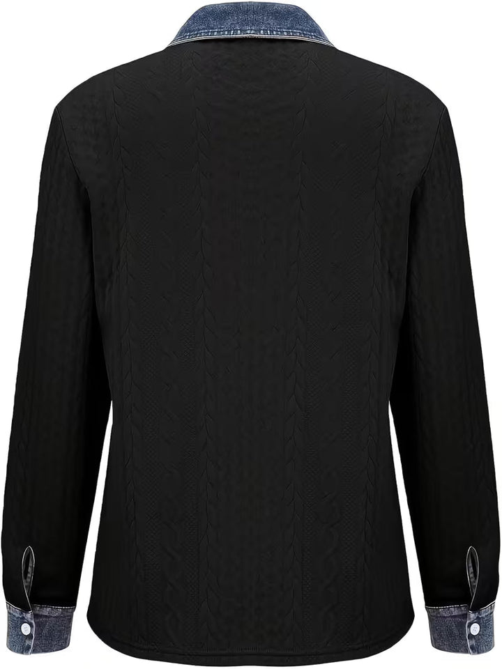 Isolaruya - Long Sleeve Cable Knit Shirt with Denim Collar