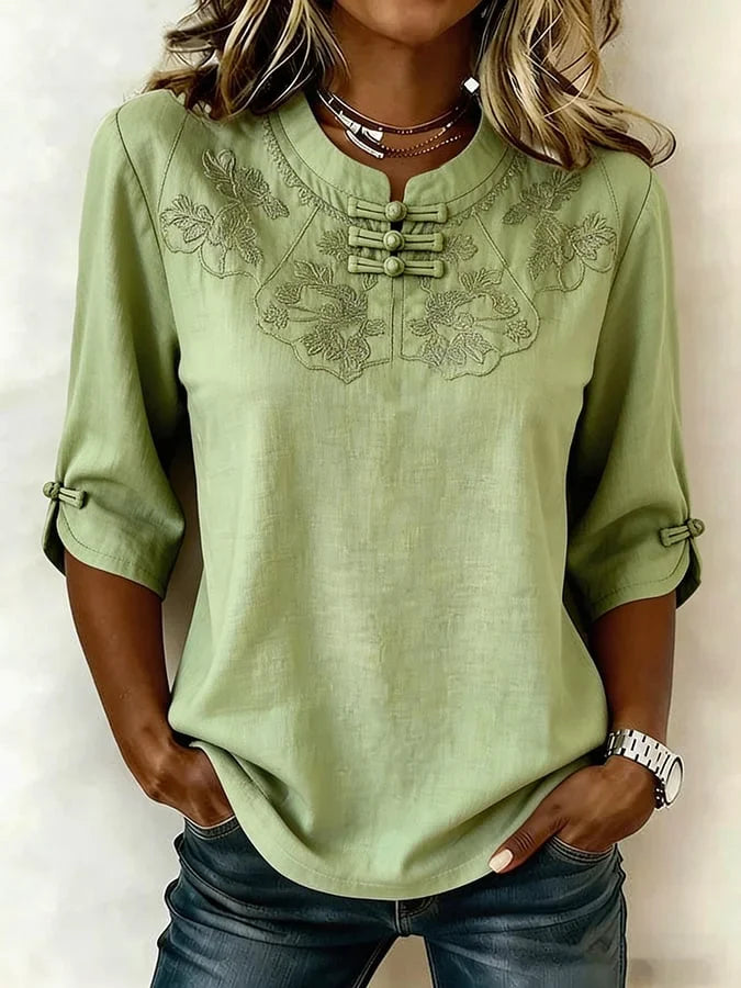 Nozilia - Cotton And Linen Floral Print Top