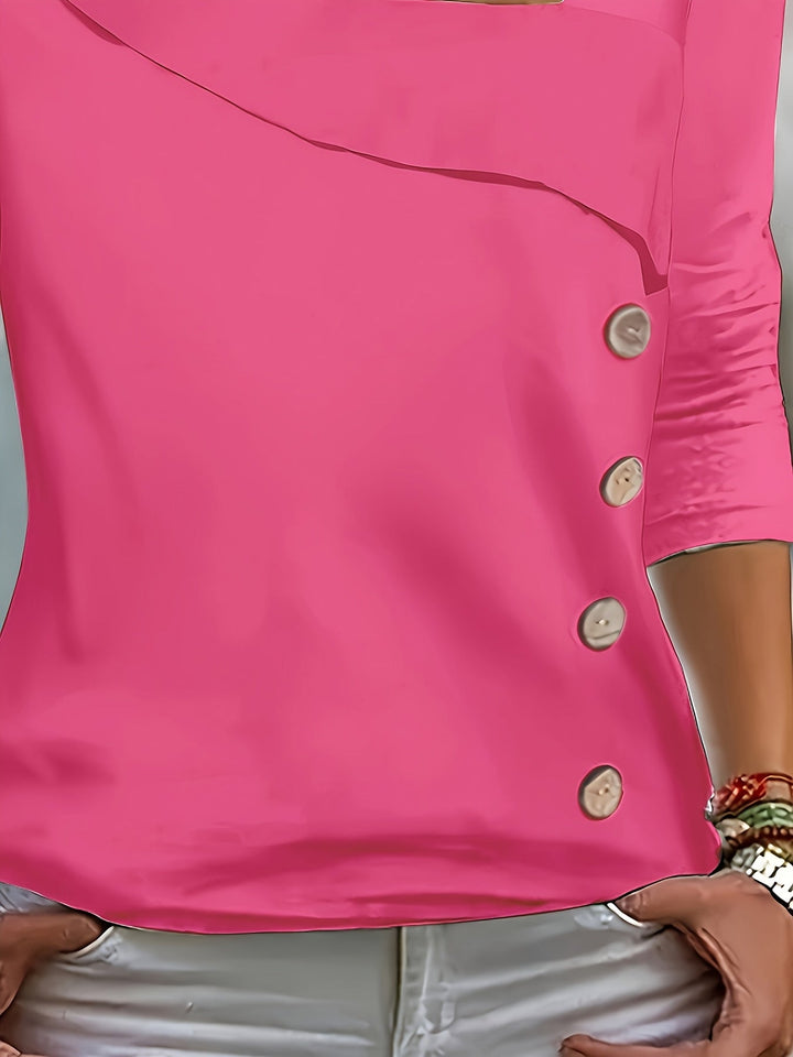 Vanesso - Asymmetrical Collar Button Decor T-shirt