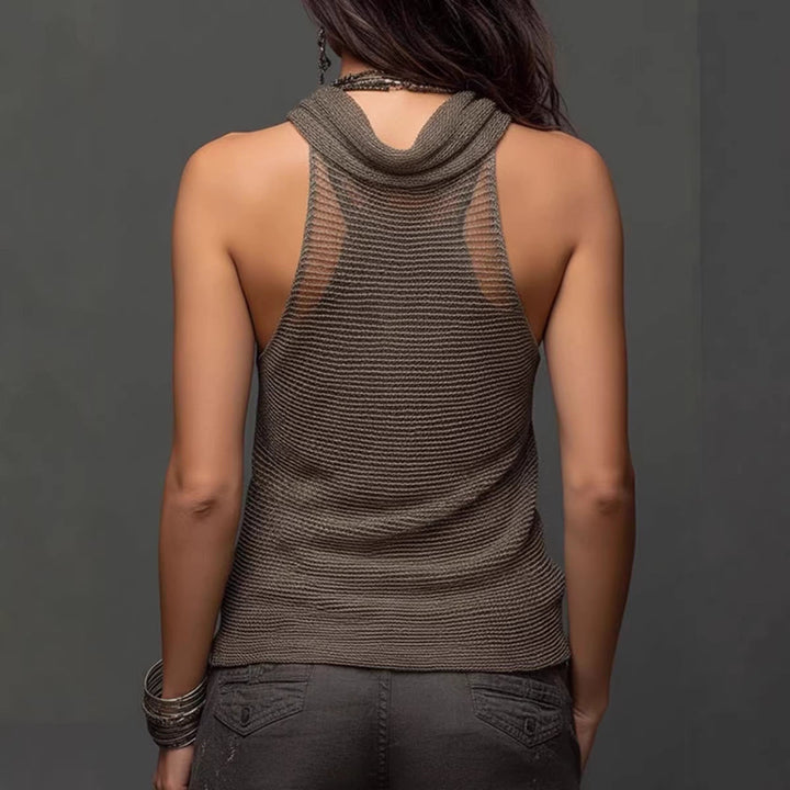 Anjila - Tone Double-Layer Mesh Knit Halter Top