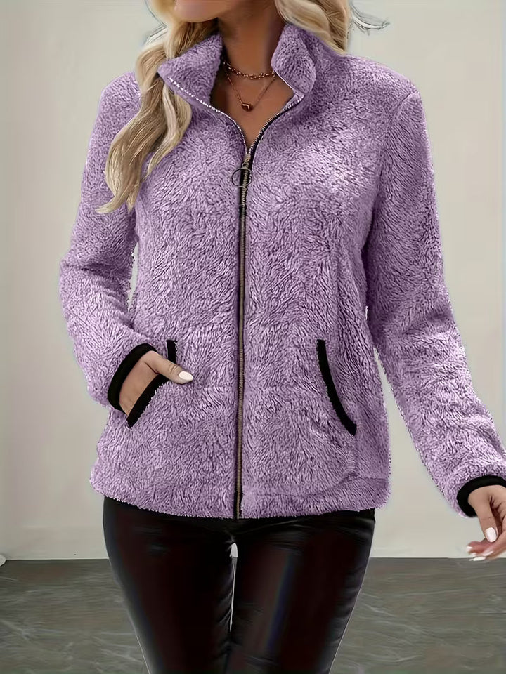 Esmeetta - Fuzzy Long Sleeve Zip-Up Jacket