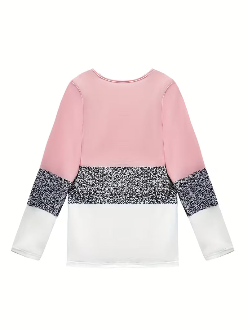 Milira - Color Block Glitter Panel Long Sleeve Top